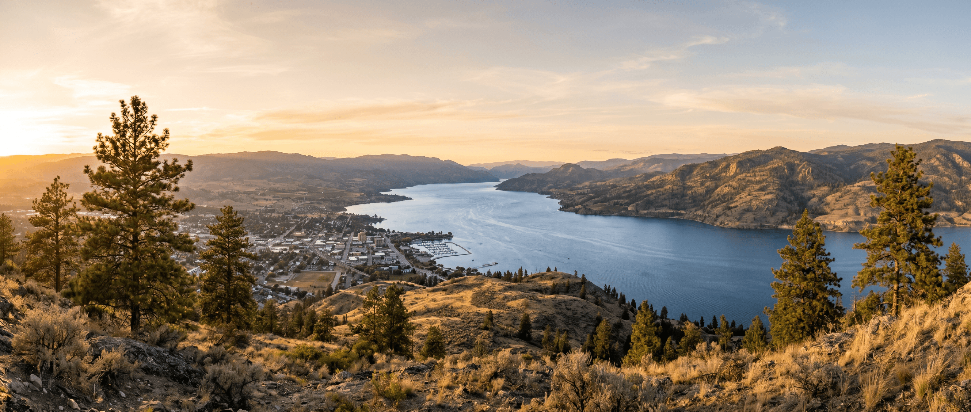 Penticton and Okanagan Lake at golden hour